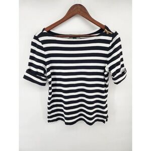 Lauren Ralph Lauren Striped Boat Neck Knit Top Medium Nautical Preppy Coastal